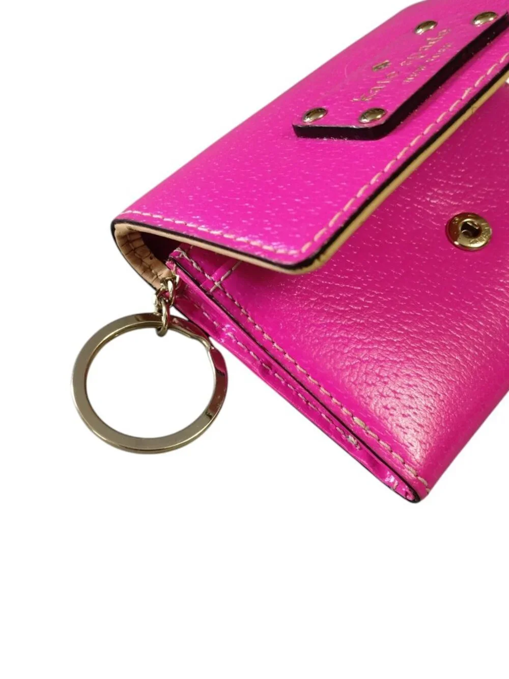 Kate Spade Hot Pink Keyring Mini Wallet Cow Leather Folding Logo Snap Closure